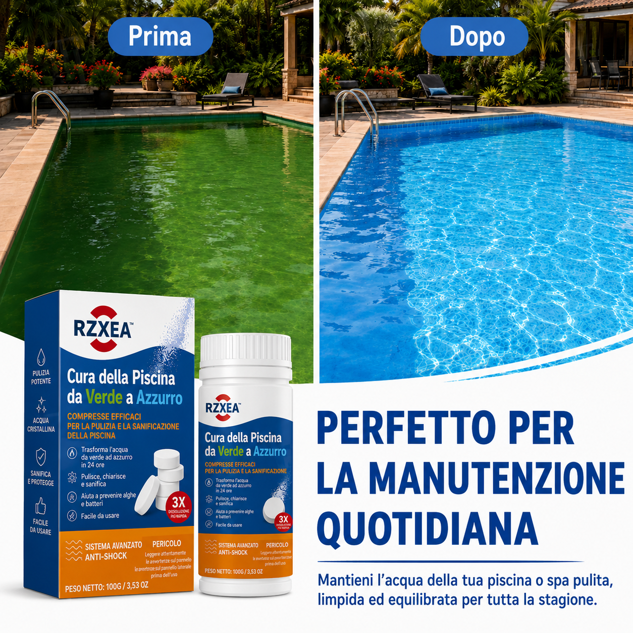 RZXEA™ Cura della Piscina Verde a Blu